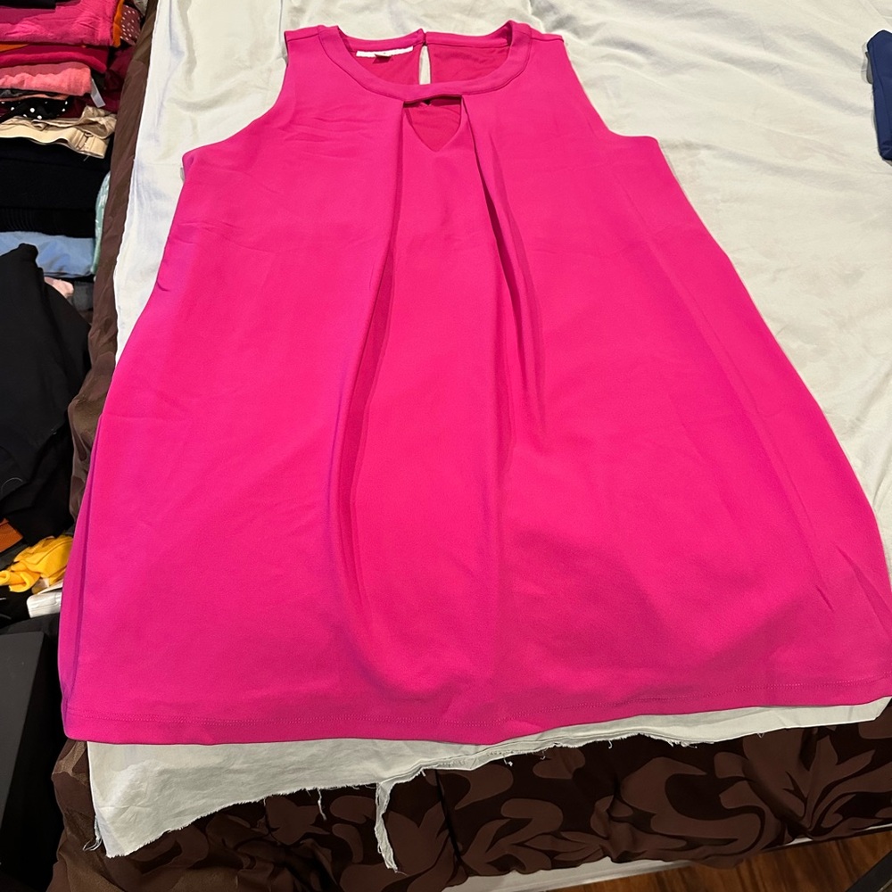 Hot pink sleeveless swing dress with 2 pockets. Dress is lined and comfortable